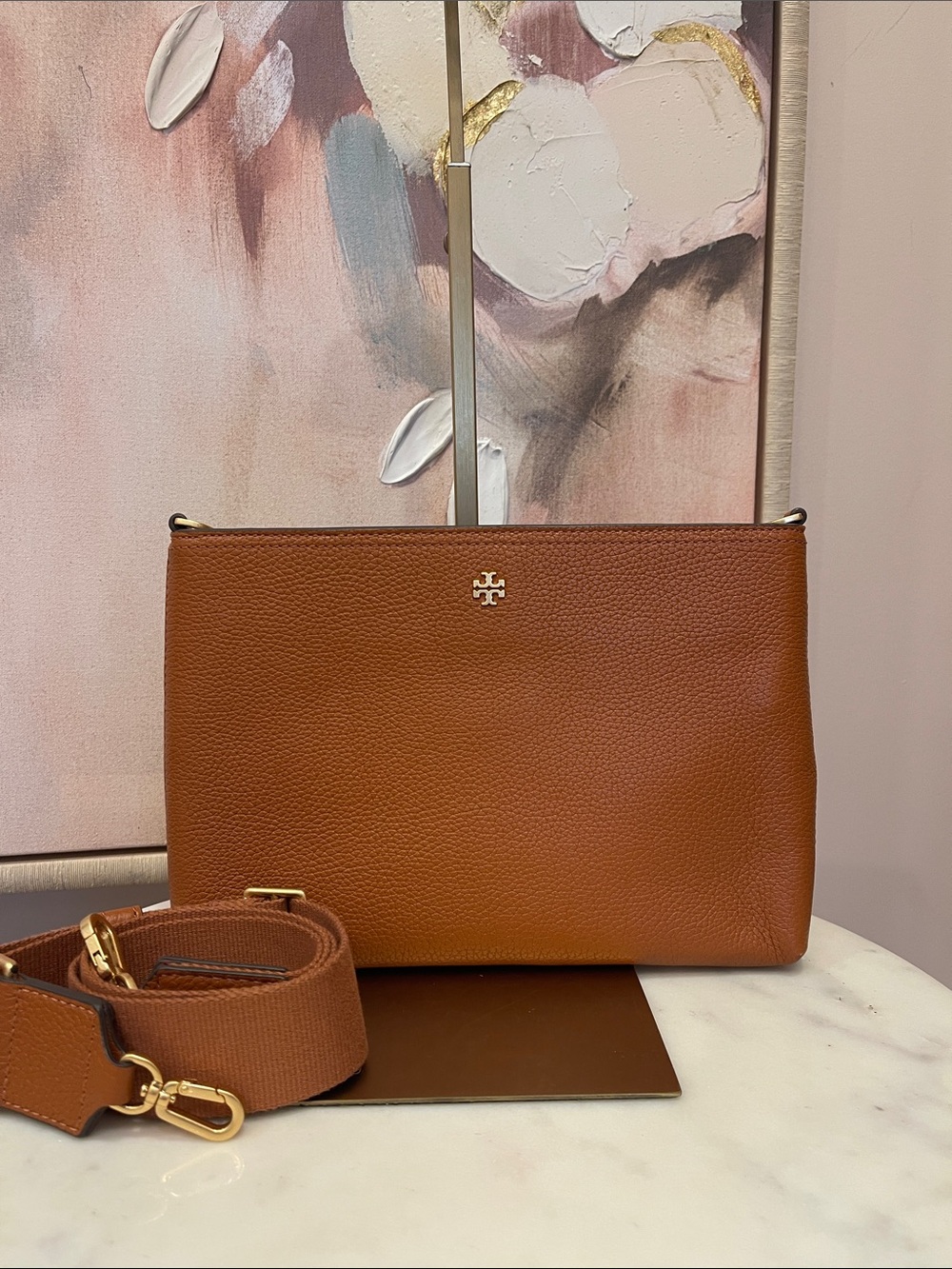 Tory Burch Blake Pebbled Leather Crossbody — Cognac Brown with Gold Hardware